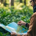 En naturelsker åbner et kort omgivet af frodig grøn vegetation